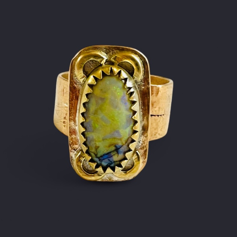 Grade AAA Ethiopian Opal Cabochon + Bronze Metal Artisan Crafted Ring (size 9)